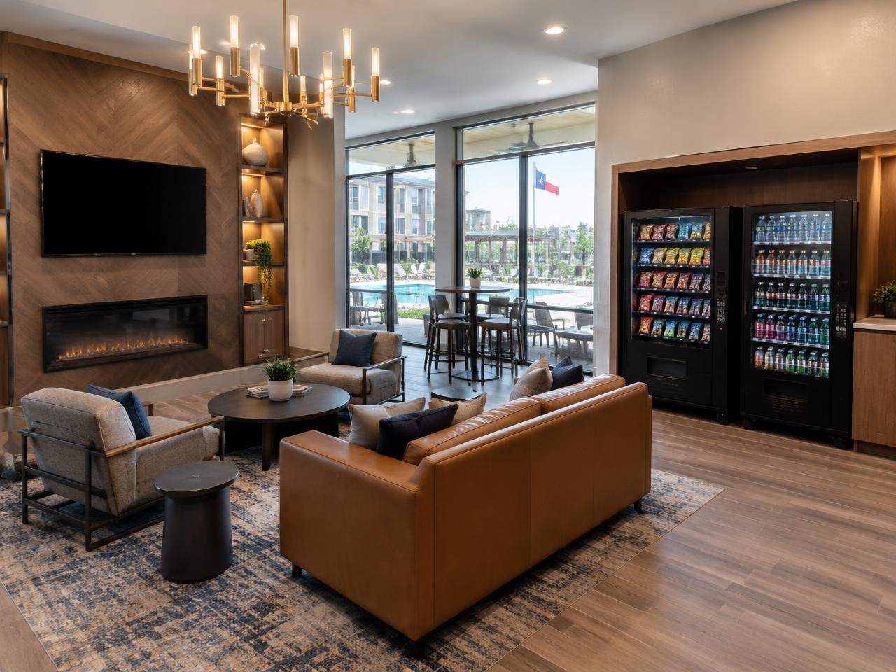 Snack and drink vending machines in an apartment clubhouse amenity area
