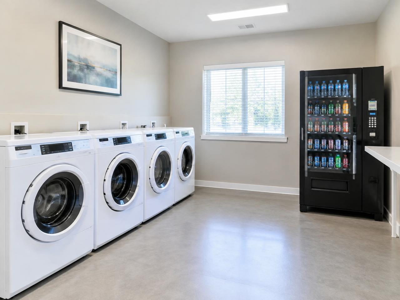 Cold drink vending machine in an apartment community laundry room