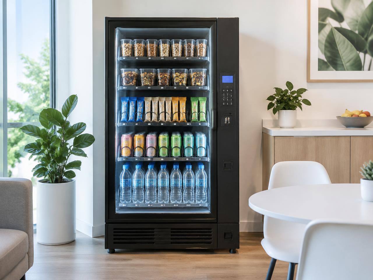 Healthy vending machine with nuts, protein bars and sparkling water in a Dallas workplace