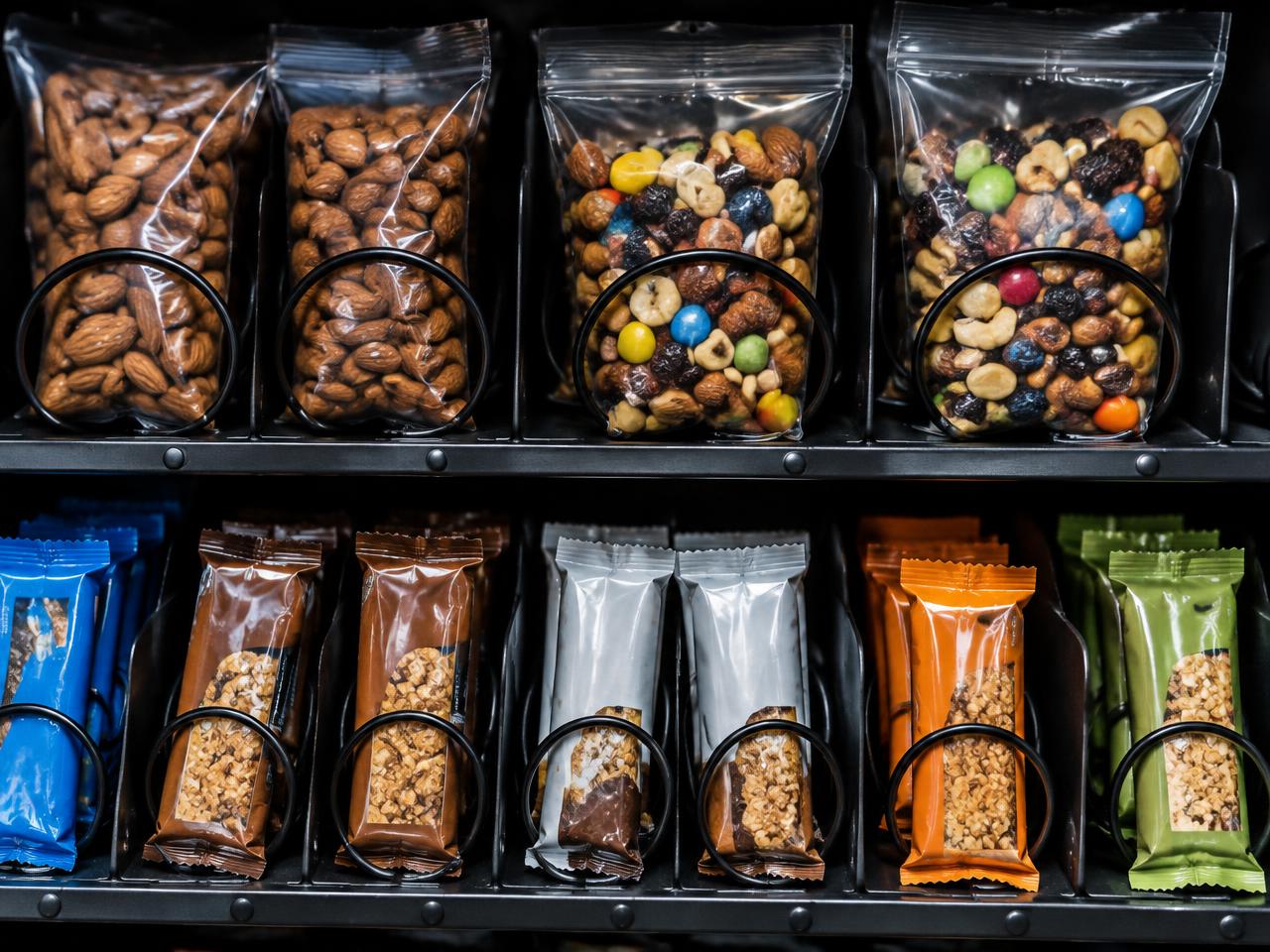 Trail mix, almonds and protein bars in a healthy vending machine