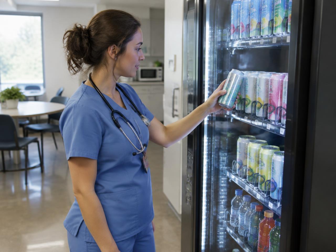 Healthcare worker choosing sparkling water from a healthy vending machine