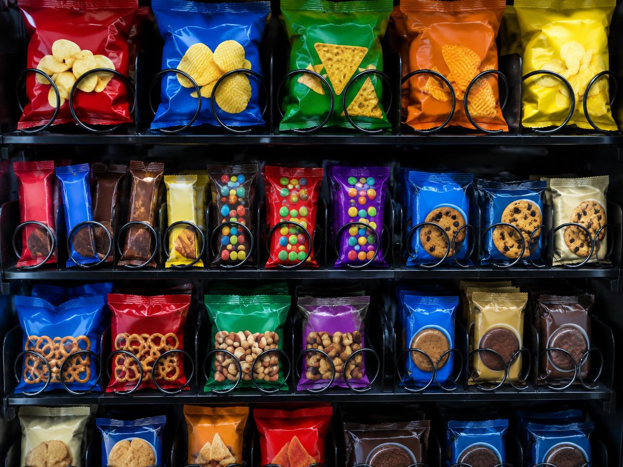 Snack vending machine stocked with chips, candy and cookies