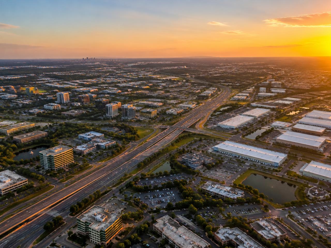 Aerial view of Dallas-Fort Worth office parks and warehouses