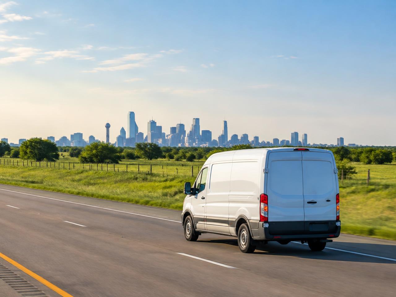 Vending Source van driving toward the Dallas skyline