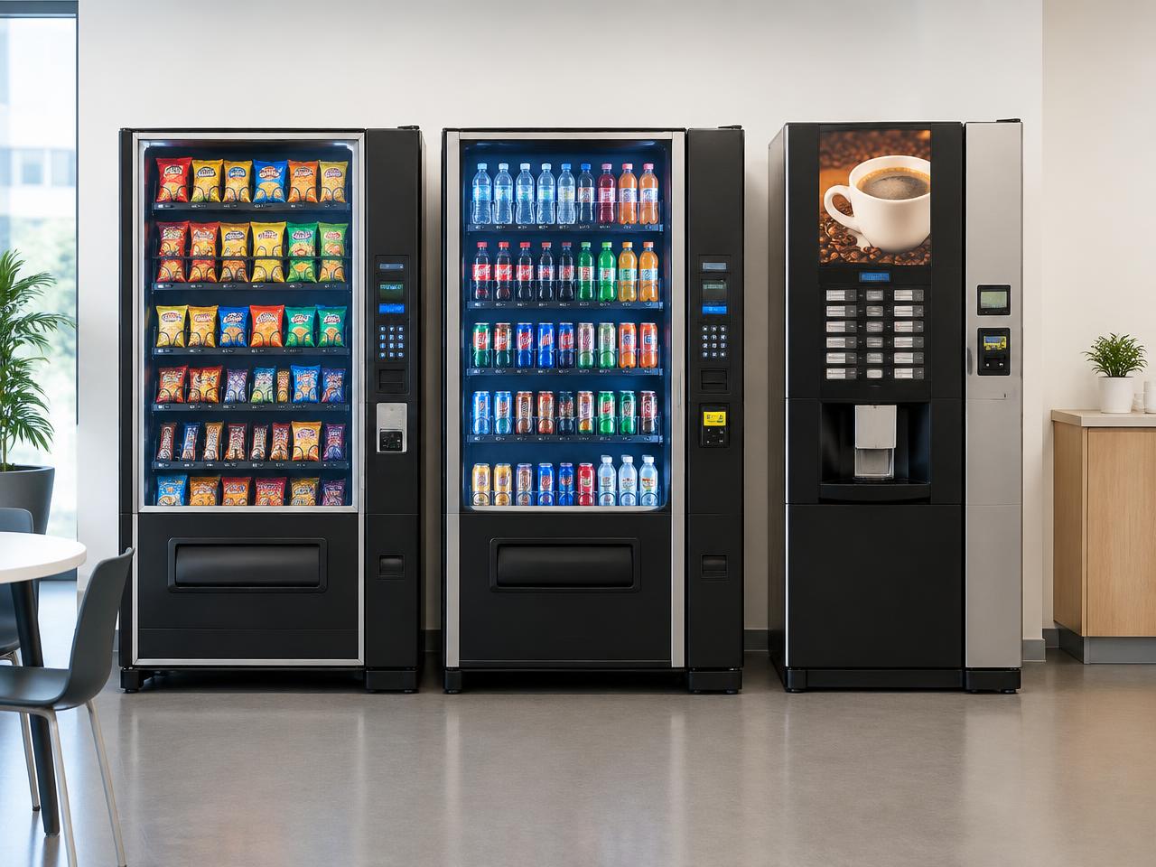 Snack, drink and coffee vending machines side by side