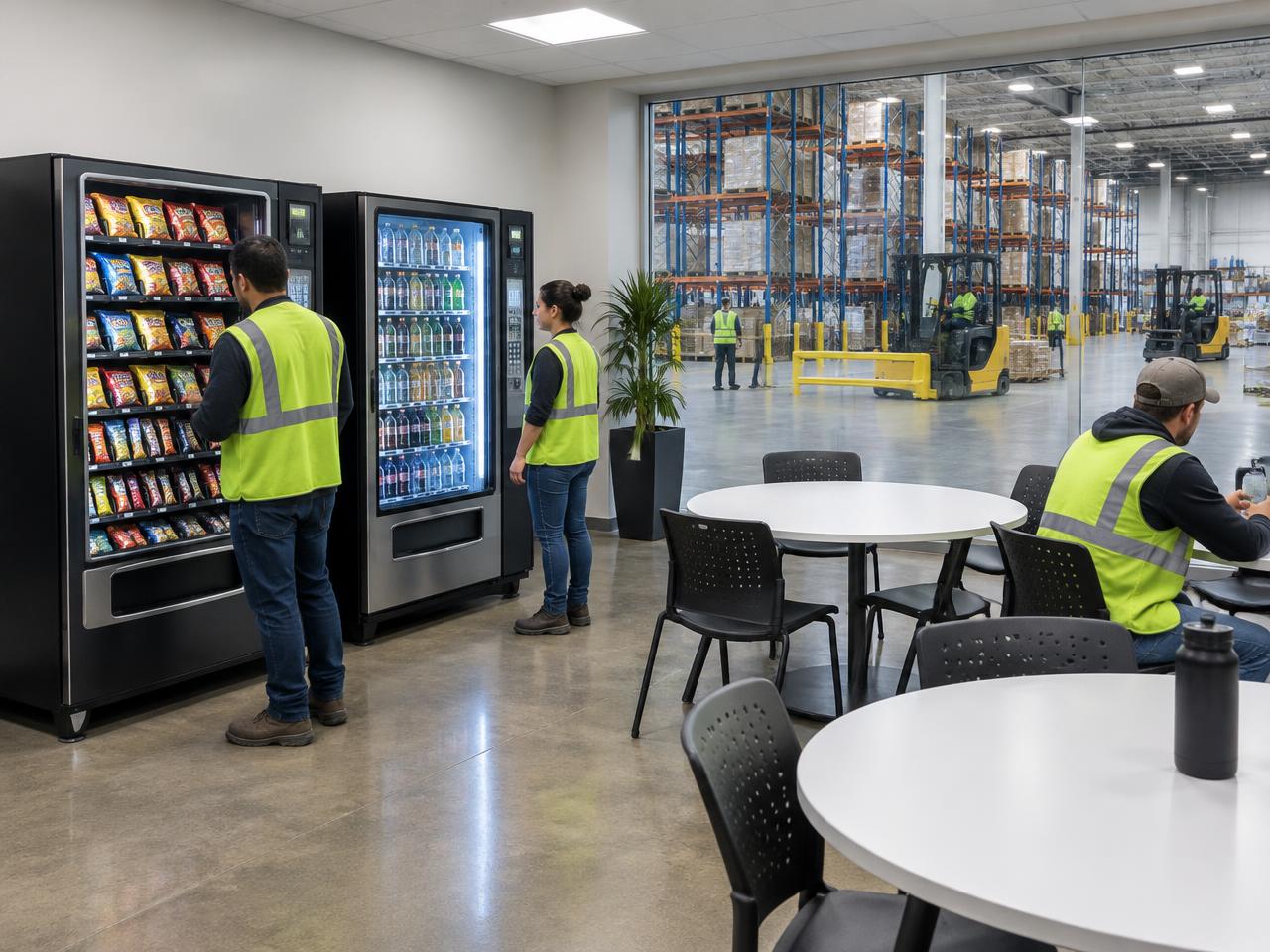 Snack and drink vending machines in a Dallas-area warehouse breakroom