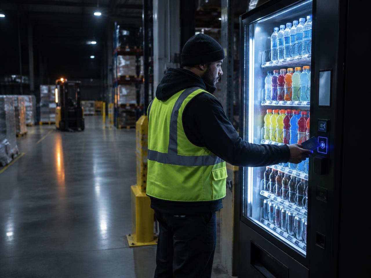 Night shift worker buying a sports drink from a warehouse vending machine